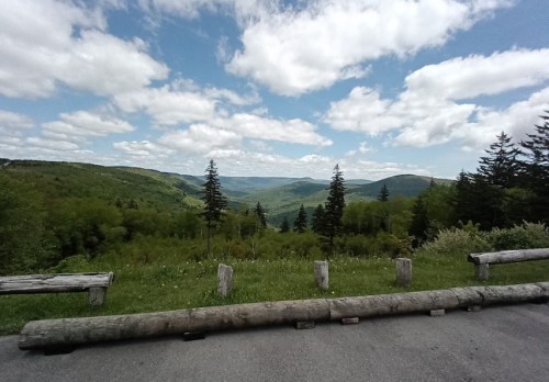 A scenic view of rolling green hills and trees under a partly cloudy sky. Wooden posts line the foreground.