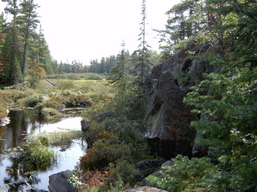 A serene landscape featuring a rocky outcrop, a calm stream, and lush greenery under a bright sky.