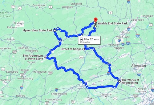 Map showing a route to Worlds End State Park, covering 426 miles in 8 hours and 20 minutes, with notable stops.