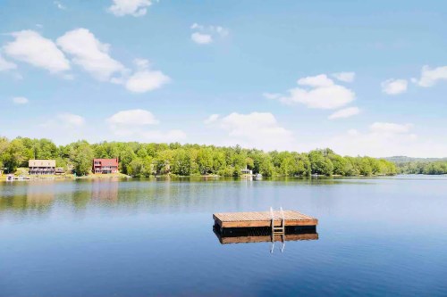 A serene lake scene with a wooden dock, surrounded by lush greenery and blue skies with fluffy clouds.