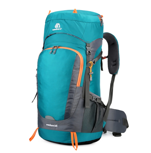 A teal and gray hiking backpack with orange accents, featuring multiple compartments and padded straps.