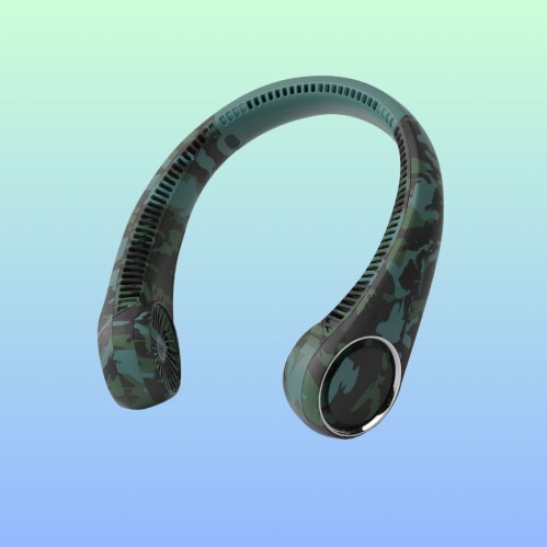 A pair of camo-patterned wireless headphones on a gradient background.
