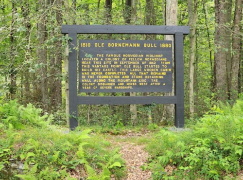 Sign in a forest detailing the history of Ole Bornemann Bull and a Norwegian colony established in 1880.
