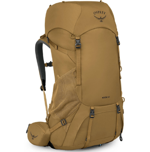 A tan Osprey Rock 65 backpack with multiple compartments and mesh side pockets, designed for outdoor adventures.