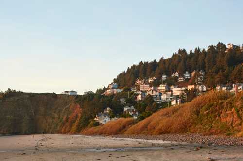 Coastal view with houses on a hillside, trees, and a sandy beach at sunset.