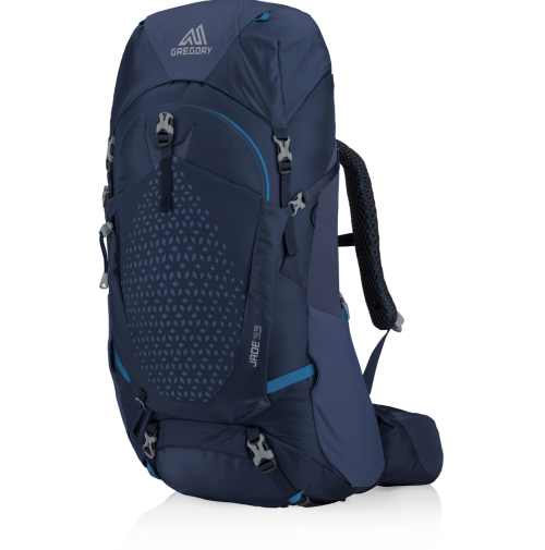A navy blue Gregory backpack with a geometric design, featuring adjustable straps and multiple compartments.