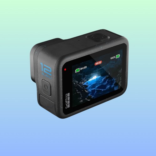 A GoPro camera with a screen displaying recording status, set against a gradient background.