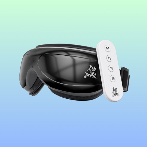 A black eye massager with a remote control, featuring the logo "Bob and Brad" on both items, set against a gradient background.