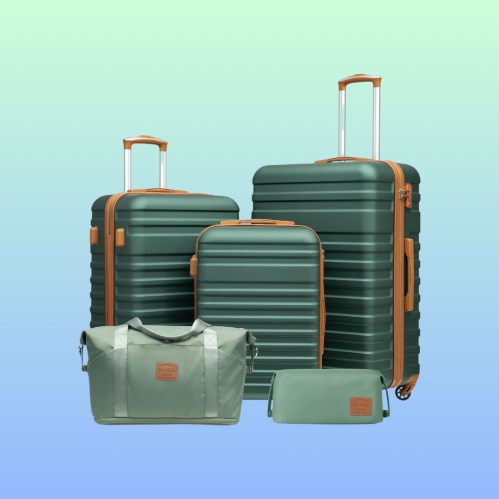 Four pieces of green luggage with tan accents, including two suitcases, a duffel bag, and a toiletry bag, on a gradient background.