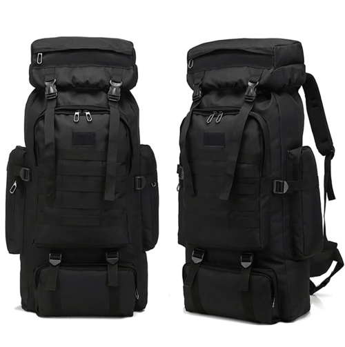 Two views of a large black backpack with multiple compartments and adjustable straps.