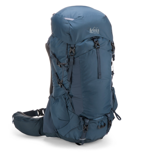 A blue hiking backpack with multiple straps and compartments, designed for outdoor adventures.