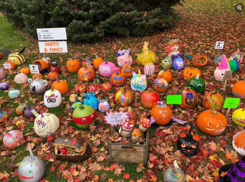 A colorful display of creatively painted pumpkins surrounded by autumn leaves, with signs indicating a contest.