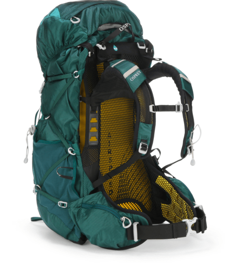 A teal and black hiking backpack with adjustable straps and a mesh back panel, designed for outdoor activities.