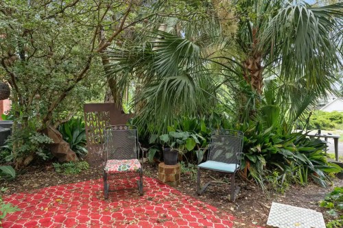 Two outdoor chairs on a patterned rug surrounded by lush greenery and tropical plants.