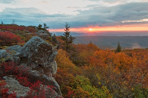 A scenic view of a rocky landscape with vibrant autumn foliage and a sunset illuminating the horizon.