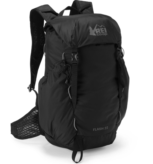 A sleek black backpack with adjustable straps and a mesh side pocket, labeled "FLASH 22" by REI Co-op.