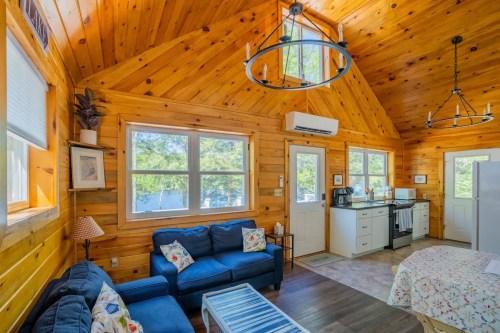 Cozy wooden cabin interior with a blue sofa, kitchen area, and large windows letting in natural light.