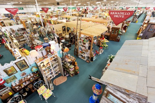 Aerial view of a large antique store filled with various vintage items, furniture, and decor.
