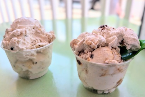 Two cups of ice cream with different flavors, one with chocolate chips, on a green table.