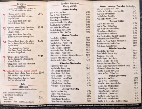 Menu featuring breakfast and weekly specials, including various soups and sandwiches, with prices listed.