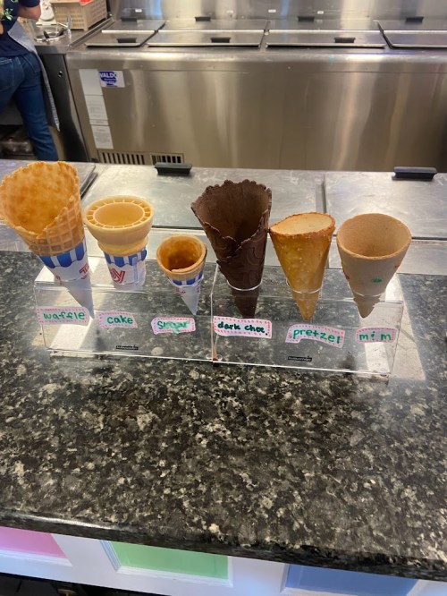 A display of various ice cream cones: waffle, cake, sugar, dark chocolate, pretzel, and mini, on a counter.