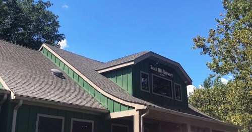 A green building with a sloped roof and a sign that reads "Buck Hill Brewery" against a clear blue sky.
