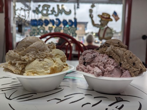 Two bowls of ice cream: one with vanilla and chocolate flavors, the other with strawberry and cookies and cream.