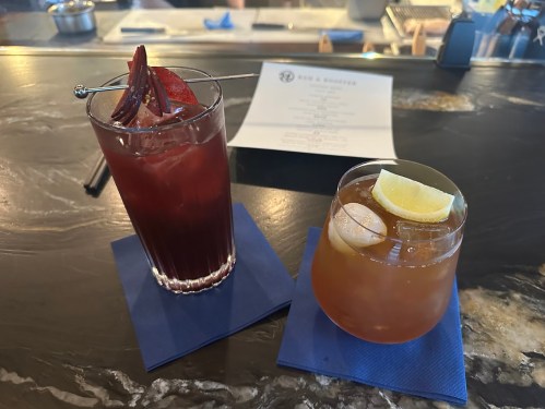 Two cocktails on a bar counter: one in a tall glass with a garnish, the other in a short glass with lemon slices.