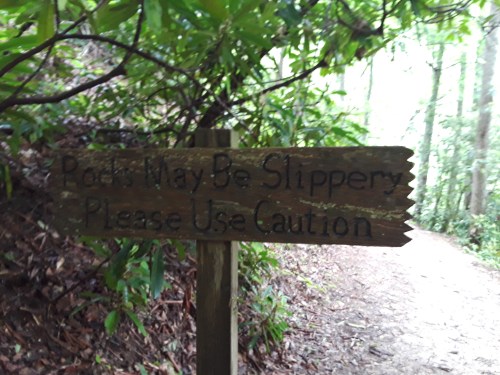 A wooden sign on a trail warns, "Paths May Be Slippery, Please Use Caution," surrounded by greenery.