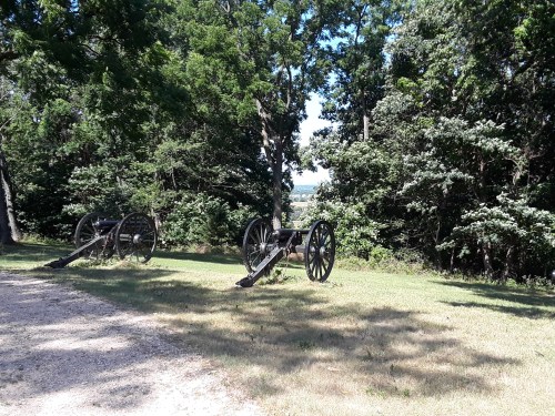 Two historic cannons on a grassy area surrounded by trees, with a distant view of rolling hills in the background.