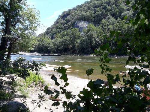 A serene river scene surrounded by lush greenery and rocky cliffs under a clear blue sky.