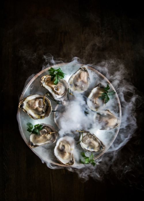 A platter of fresh oysters on ice, garnished with herbs and surrounded by a mist of smoke.