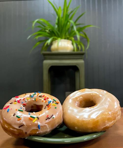 Two glazed donuts on a green plate, one topped with colorful sprinkles, with a plant in the background.