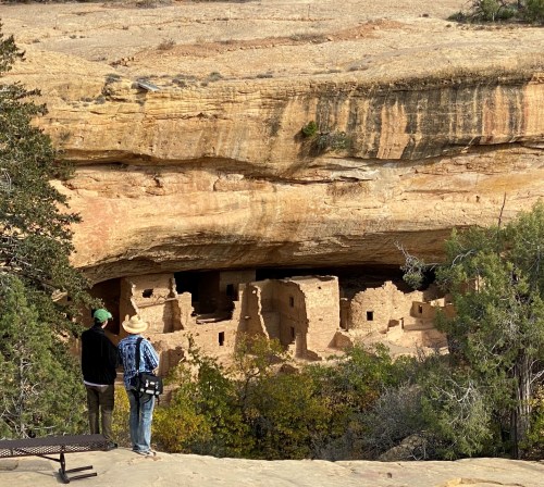 Two people stand on a ledge, overlooking ancient cliff dwellings nestled in a canyon surrounded by trees.