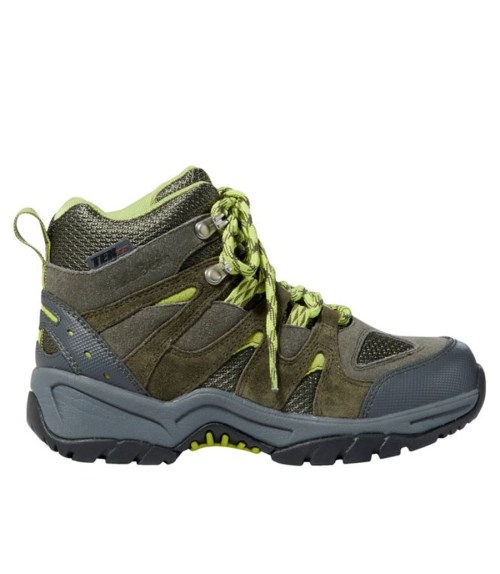 A green and gray hiking boot with mesh panels and bright laces, designed for outdoor activities.