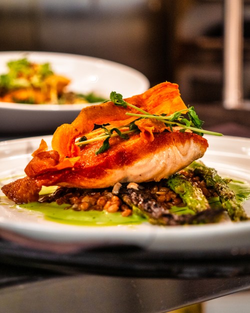 A beautifully plated dish featuring salmon on a bed of lentils and asparagus, garnished with vibrant vegetables.