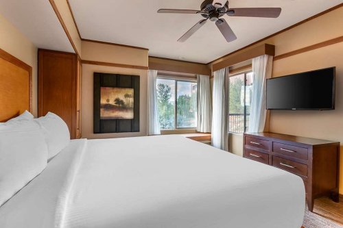 A cozy hotel room featuring a large bed, wooden furniture, a TV, and a window with a view of greenery outside.
