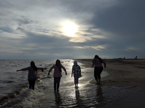 Four people walking along a beach at sunset, with water gently lapping at their feet and a cloudy sky above.