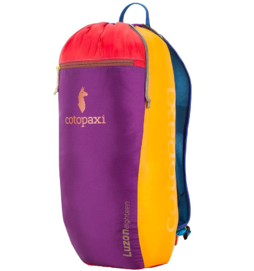 Colorful Cotopaxi Luzon backpack featuring purple, red, orange, and blue panels with a logo on the front.