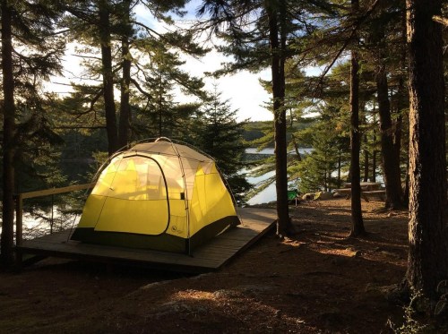 A yellow tent set on a wooden platform by a serene lake, surrounded by tall trees and soft sunlight.