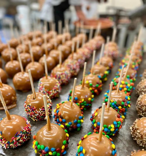A tray of caramel apples coated in colorful sprinkles and candies, with wooden sticks for easy handling.