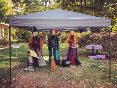 Three colorful witch puppets under a tent, with a sign for "Sundays with Sisters" and a cauldron nearby.