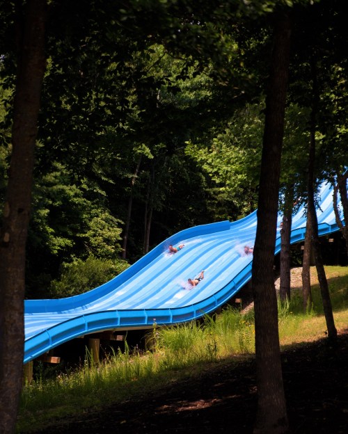 Two people slide down a blue water slide surrounded by trees in a sunny outdoor setting.