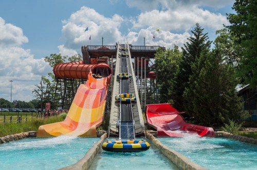 Colorful water slides at a water park, with a clear blue sky and trees in the background.