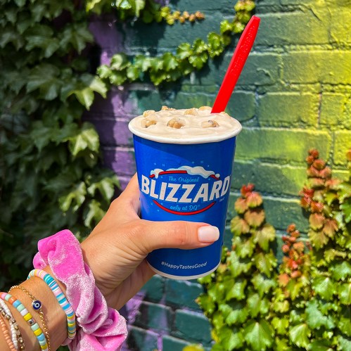 A hand holds a blue cup of Blizzard dessert topped with nuts, against a colorful, leafy wall.