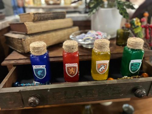 Four colorful potion bottles labeled with house crests: Ravenclaw, Gryffindor, Hufflepuff, and Slytherin, on a wooden shelf.