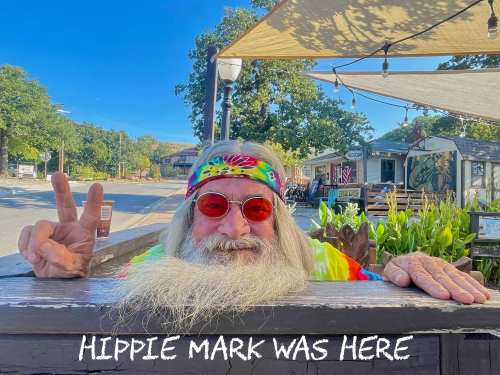 A smiling man with long gray hair and sunglasses makes a peace sign, wearing a colorful tie-dye shirt and headband.