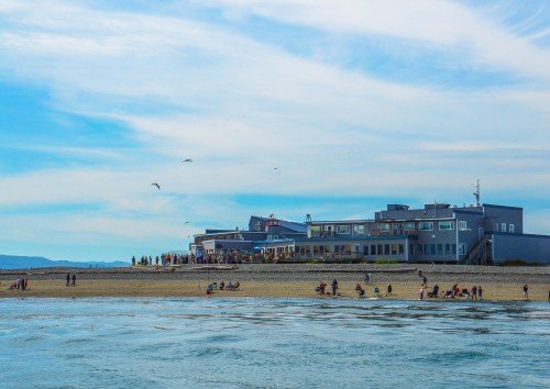 A beach scene with people enjoying the shore, a building in the background, and a clear blue sky.