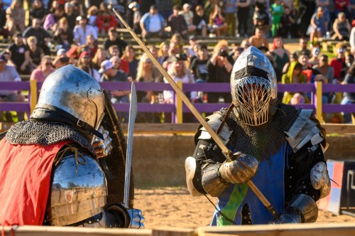 Two armored knights face off in a sandy arena, surrounded by a cheering crowd. One wields a sword, ready for battle.