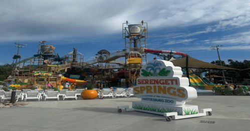 A water park named "Serengeti Springs" with slides and attractions at Hattiesburg Zoo, under a blue sky.